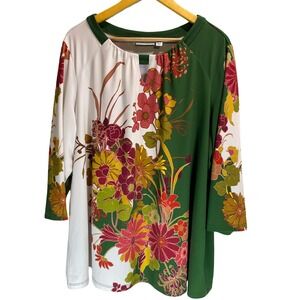 Susan Graver 2X Floral Tunic Top Green White Pink Gold 3/4 Sleeve tropical chic